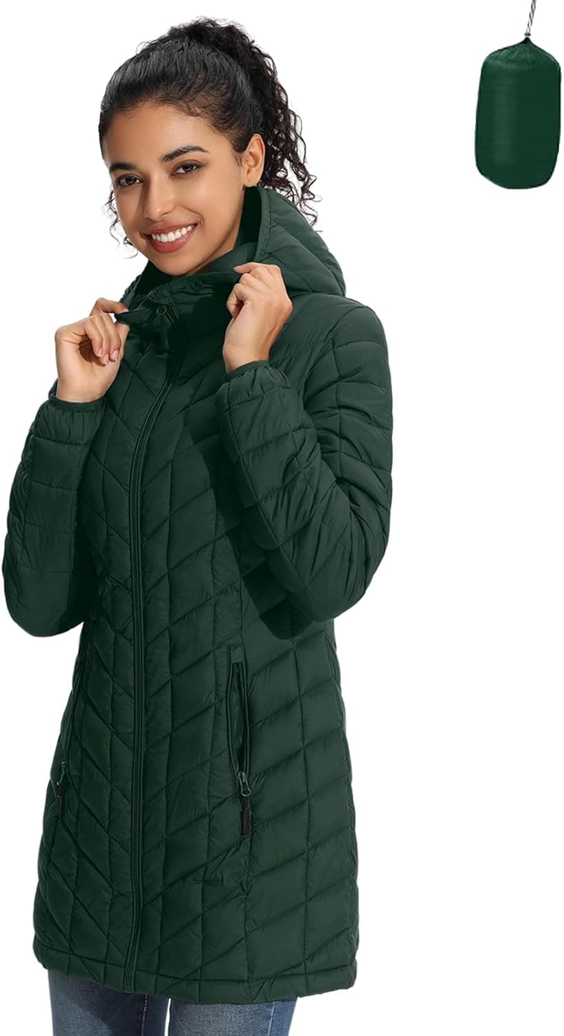 Women's Packable Puffer Jacket, Water-Resistant Hooded Puffer Jacket Lightweight Mid-Length Winter Puffer Coat