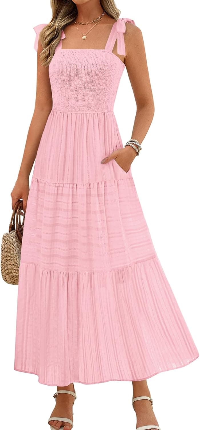 Women's 2026 Spring Boho Maxi Dress Summer Beach Vacation Casual Sleeveless Smocked A Line Sundress with Pockets