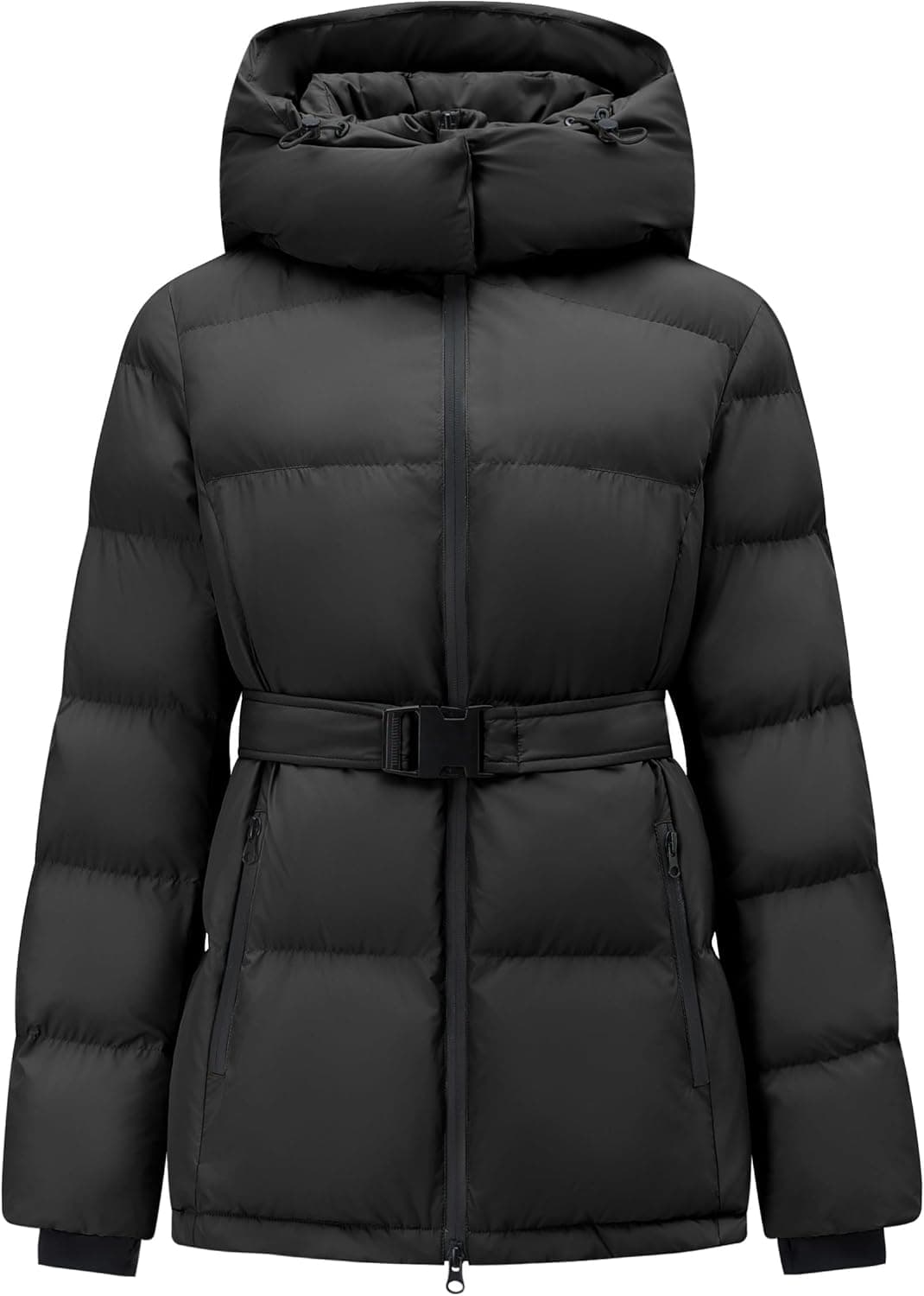 Women's Winter Warm Puffer Jackets Slim Fit Water-Resistant Detachable Hooded with Belt