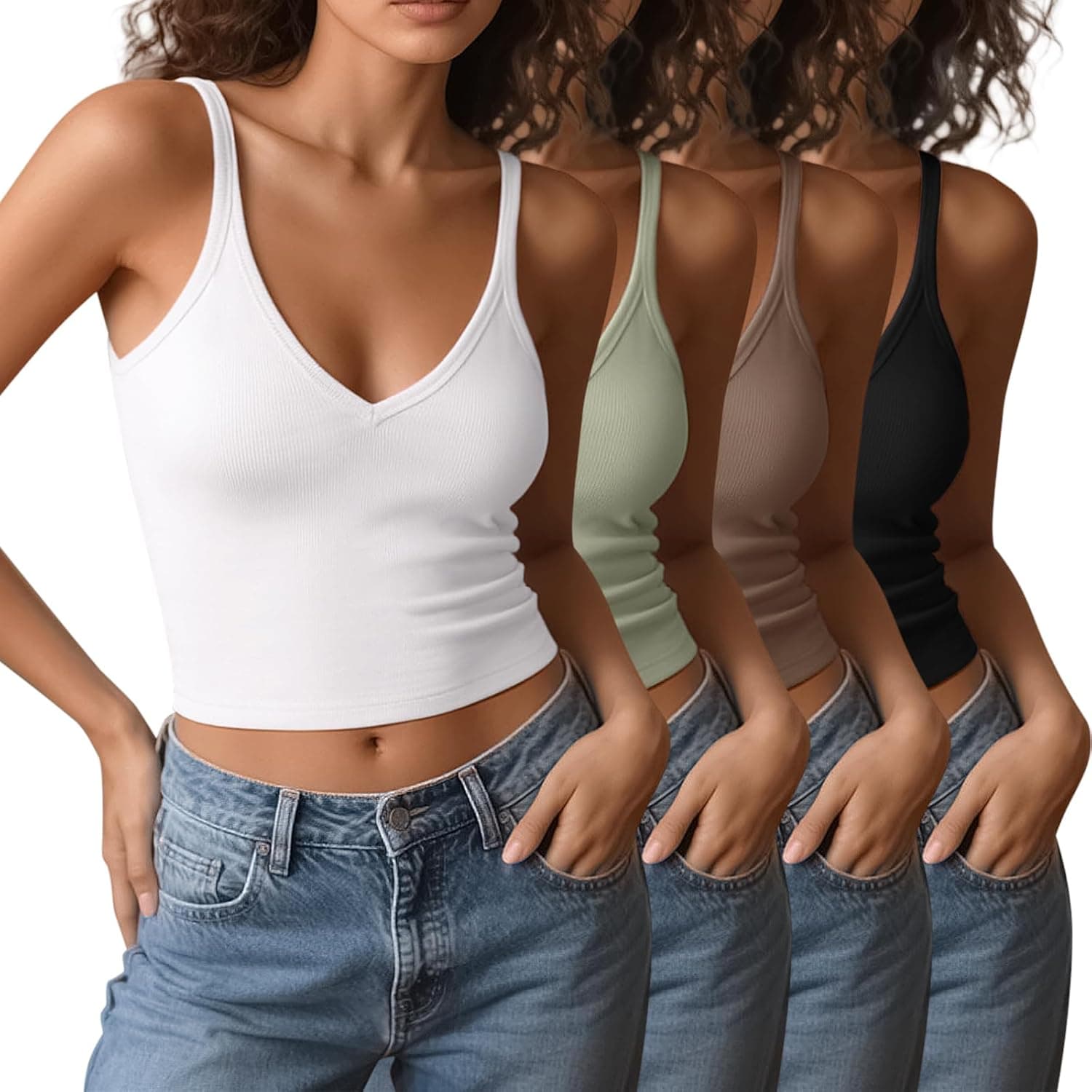 4 Pieces V Neck Tank Tops for Women Spaghetti Strap Crop Top Cotton Basic Fitted Summer Cami Shirts