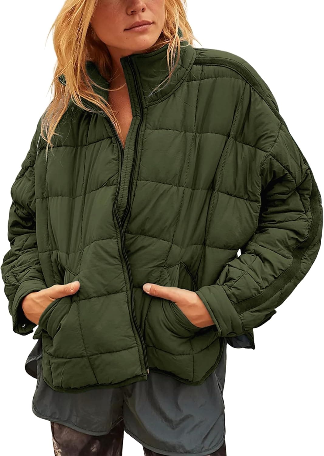 Quilted Puffer Jacket Women Lightweight Short Zip Up Padded Coat with Pockets