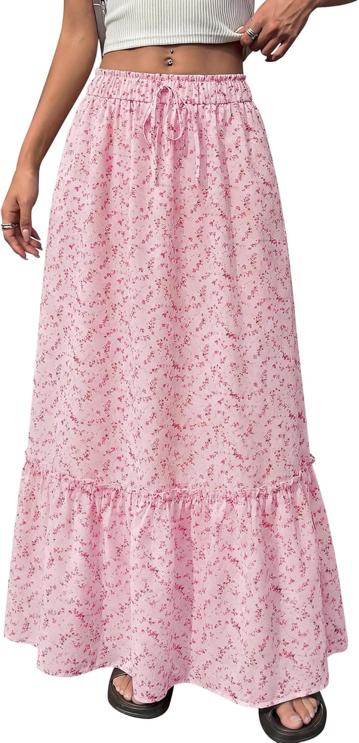 Womens Boho Maxi Skirt 2026 Summer Floral High Waisted Flowy Tiered Long Spring Beach Vacation Skirts Pockets