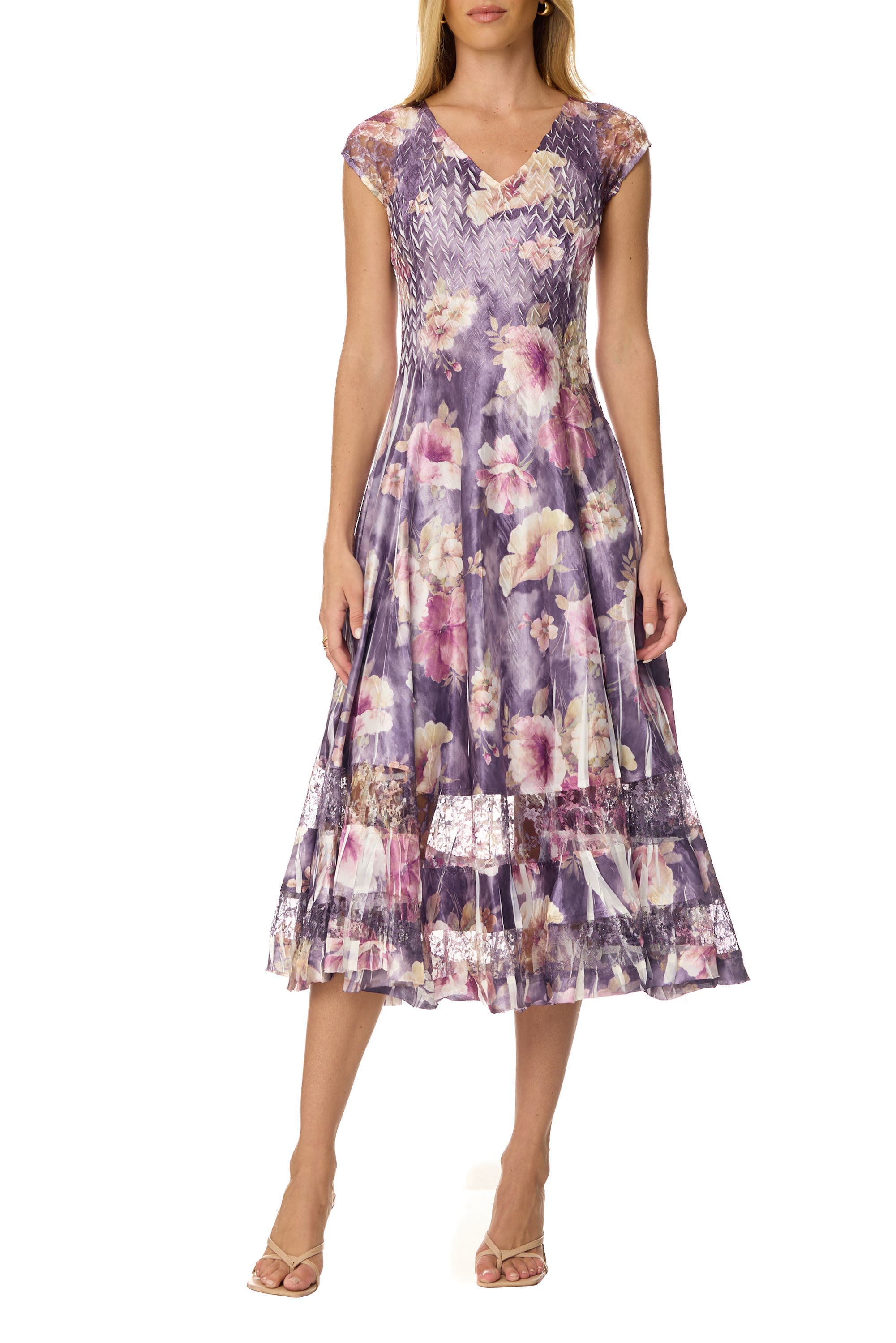 Dramatic Lace Inset Dress with Cap Sleeves