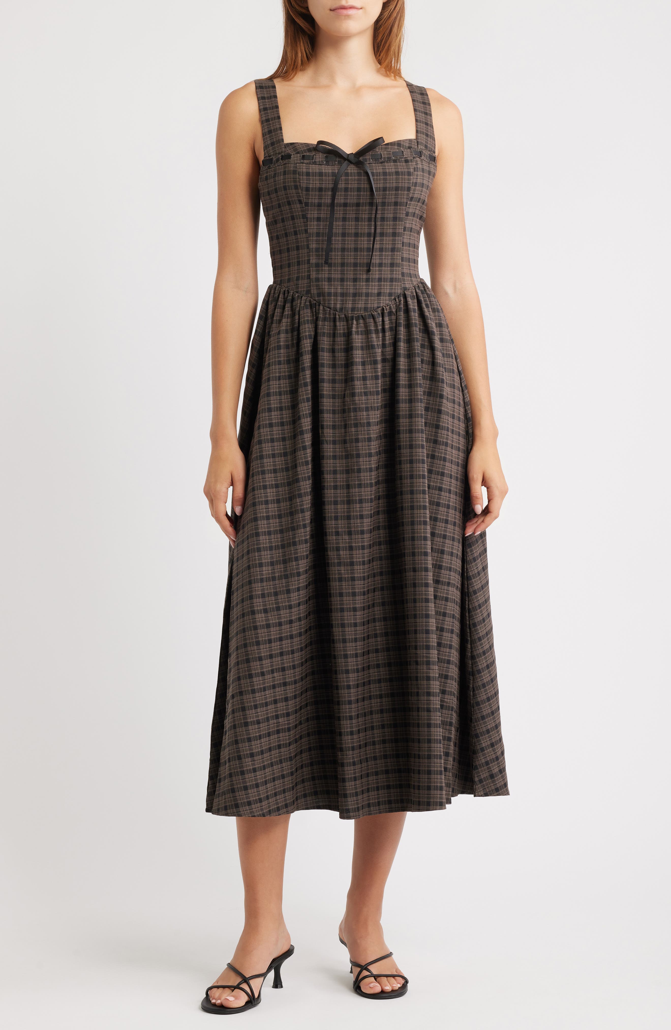 Plaid Sweetheart Neck Fit & Flare Midi Dress