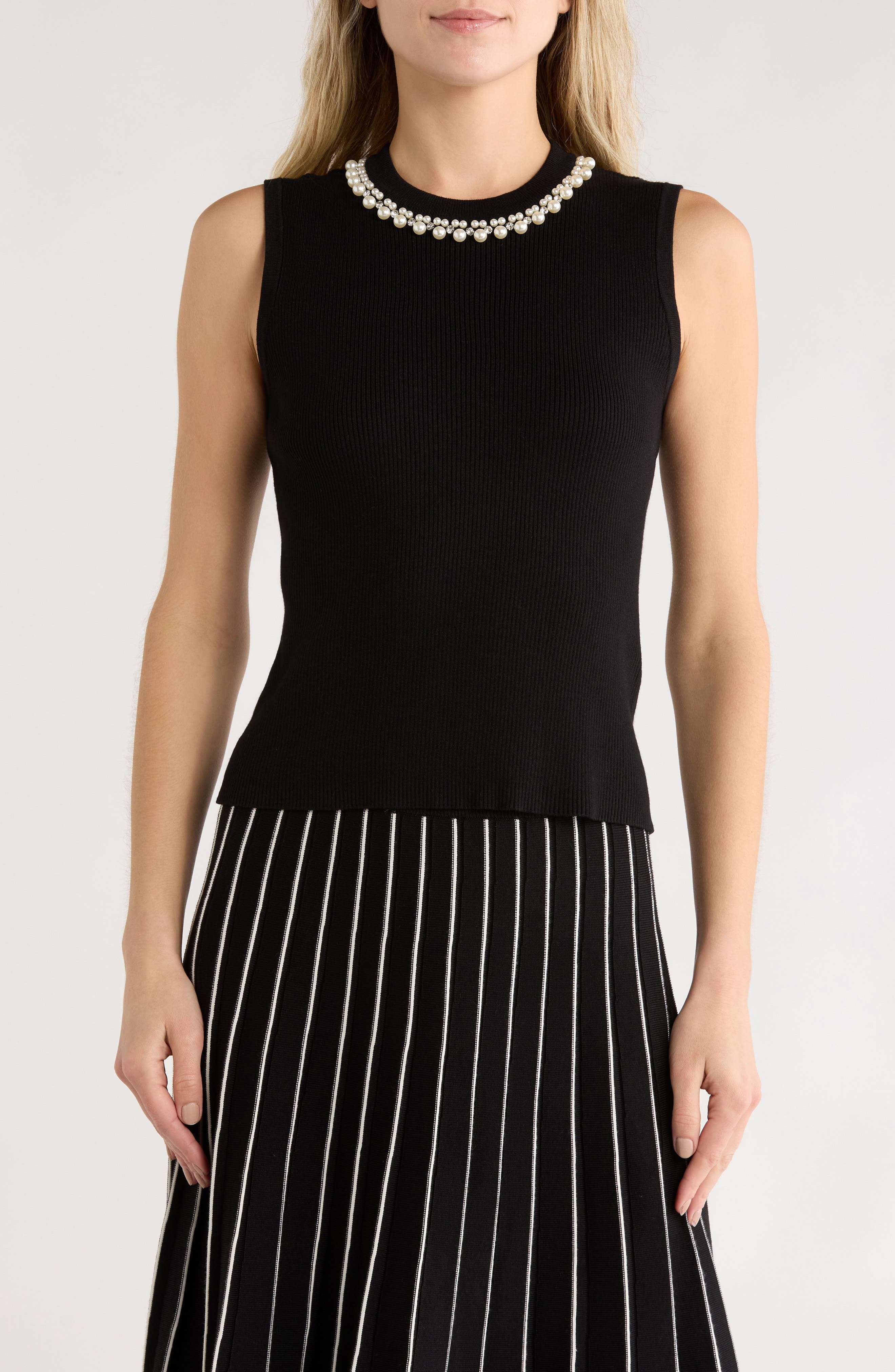 Faux Pearl & Rhinestone Collar Sleeveless Sweater