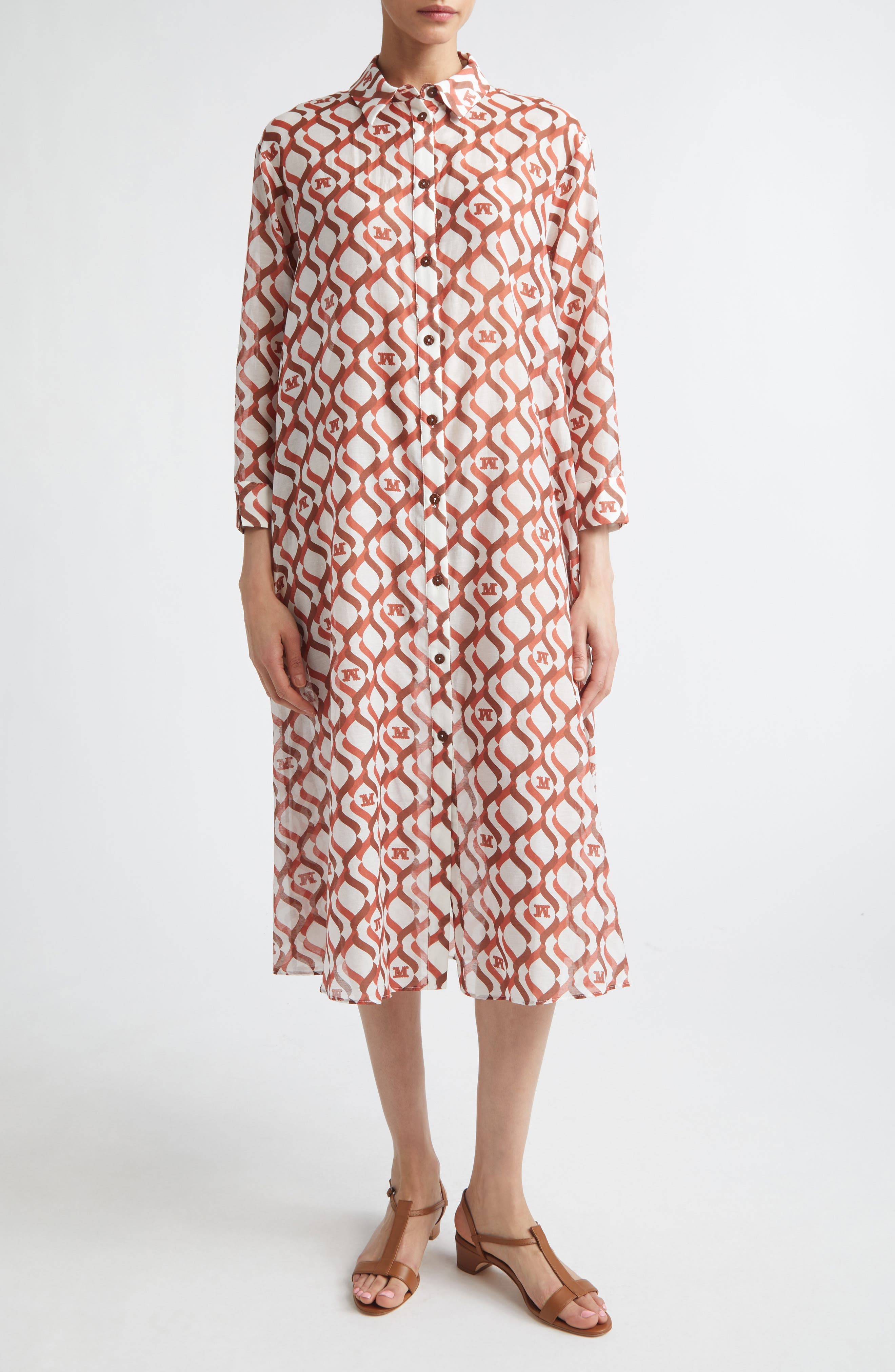 Beachwear Monogram Print Long Sleeve Cotton & Silk Voile Shirtdress