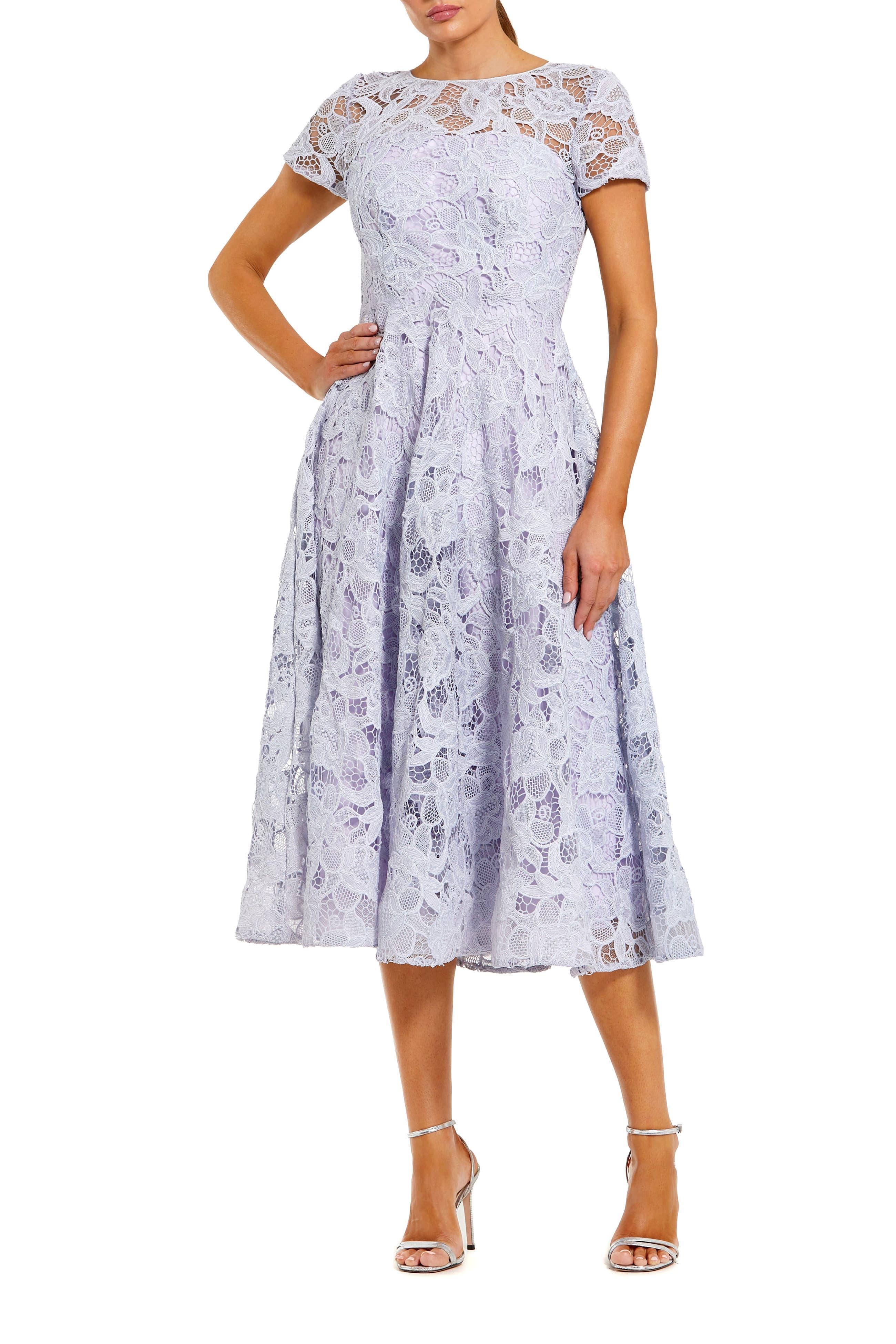 Women's Elegant Lace A-Line Midi Dress with Bow Detail