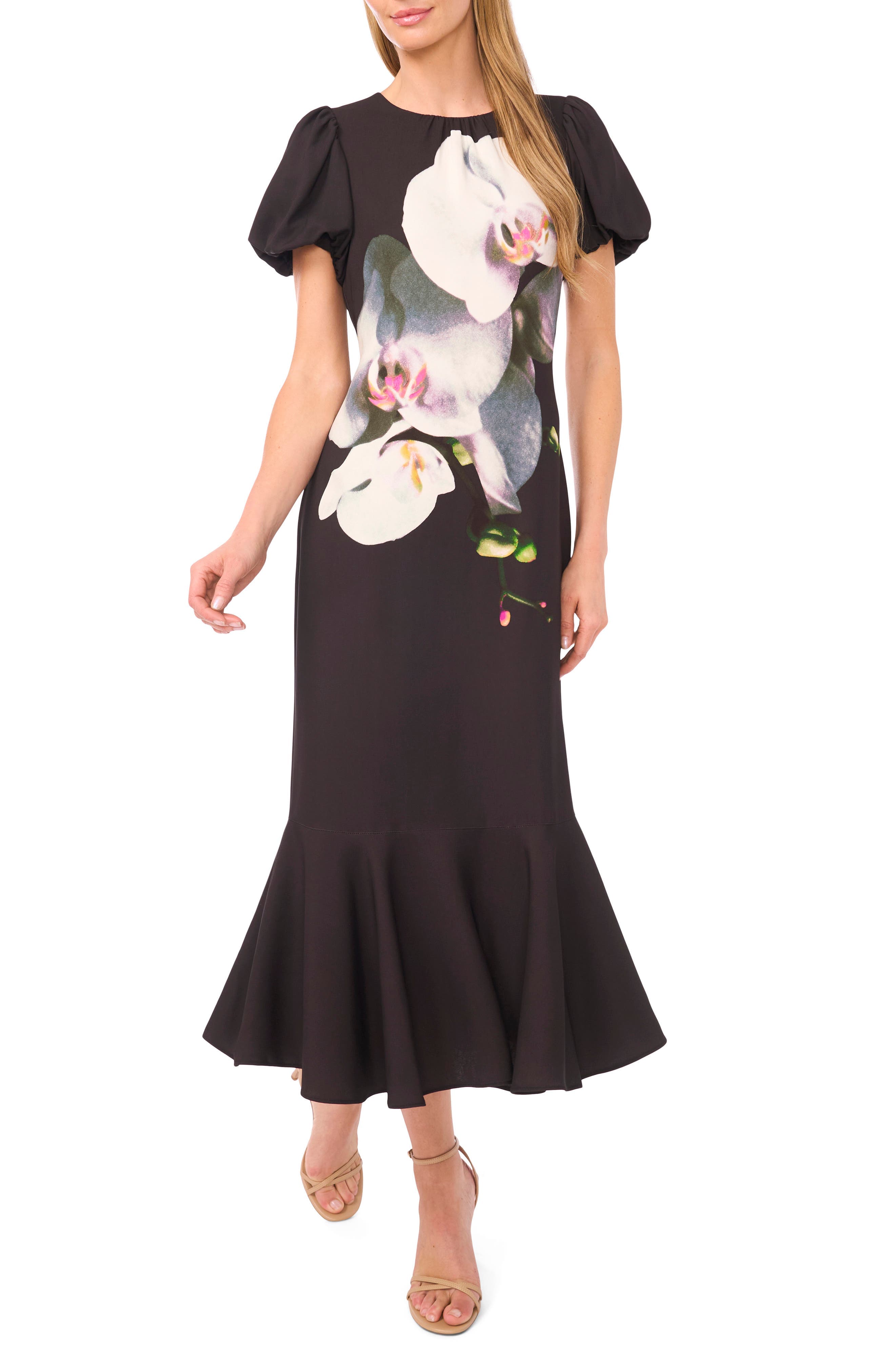 Placed Floral Puff Sleeve Midi Dress