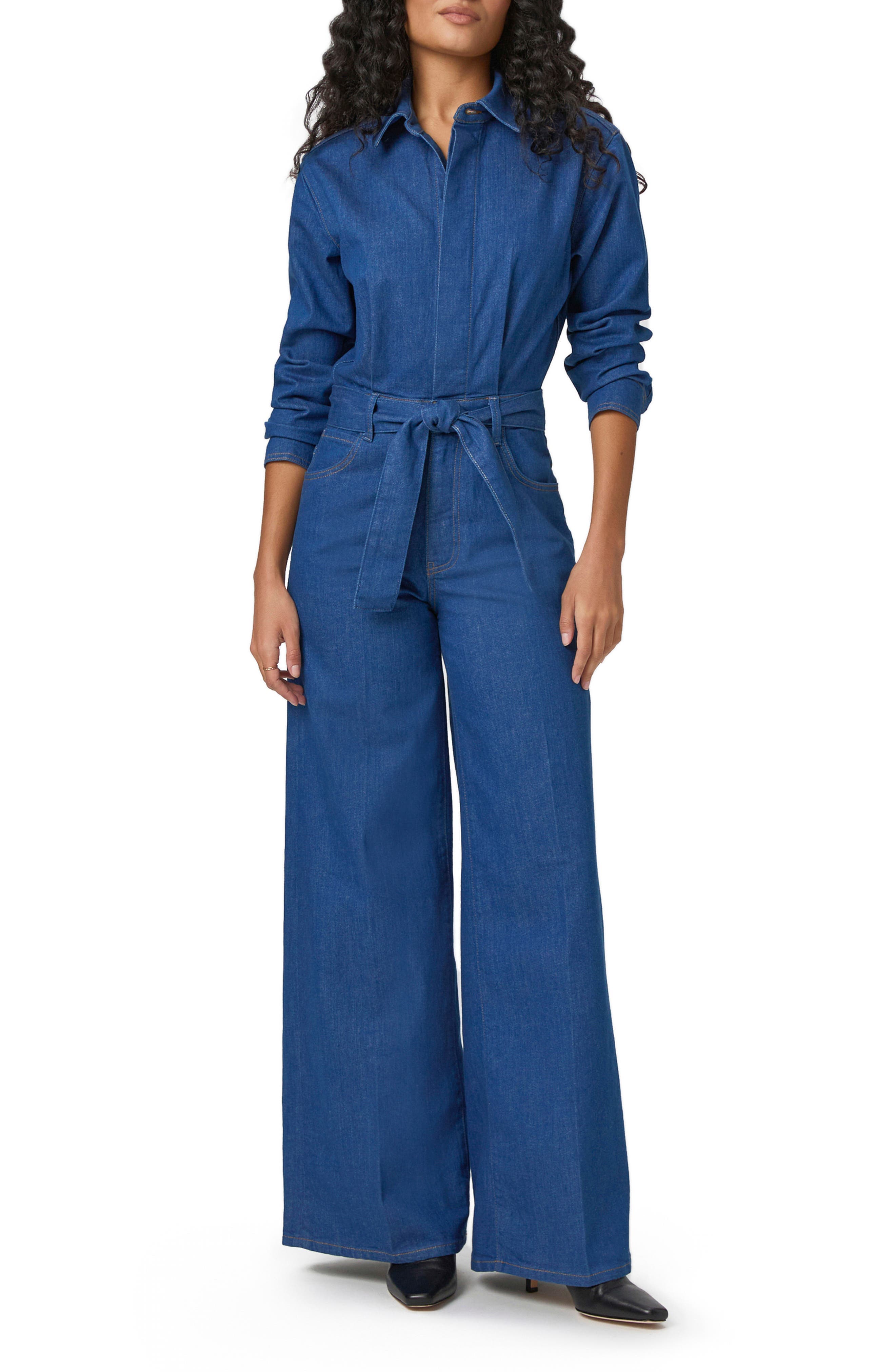 Cameron Tie Waist Long Sleeve Wide Leg Denim Jumpsuit