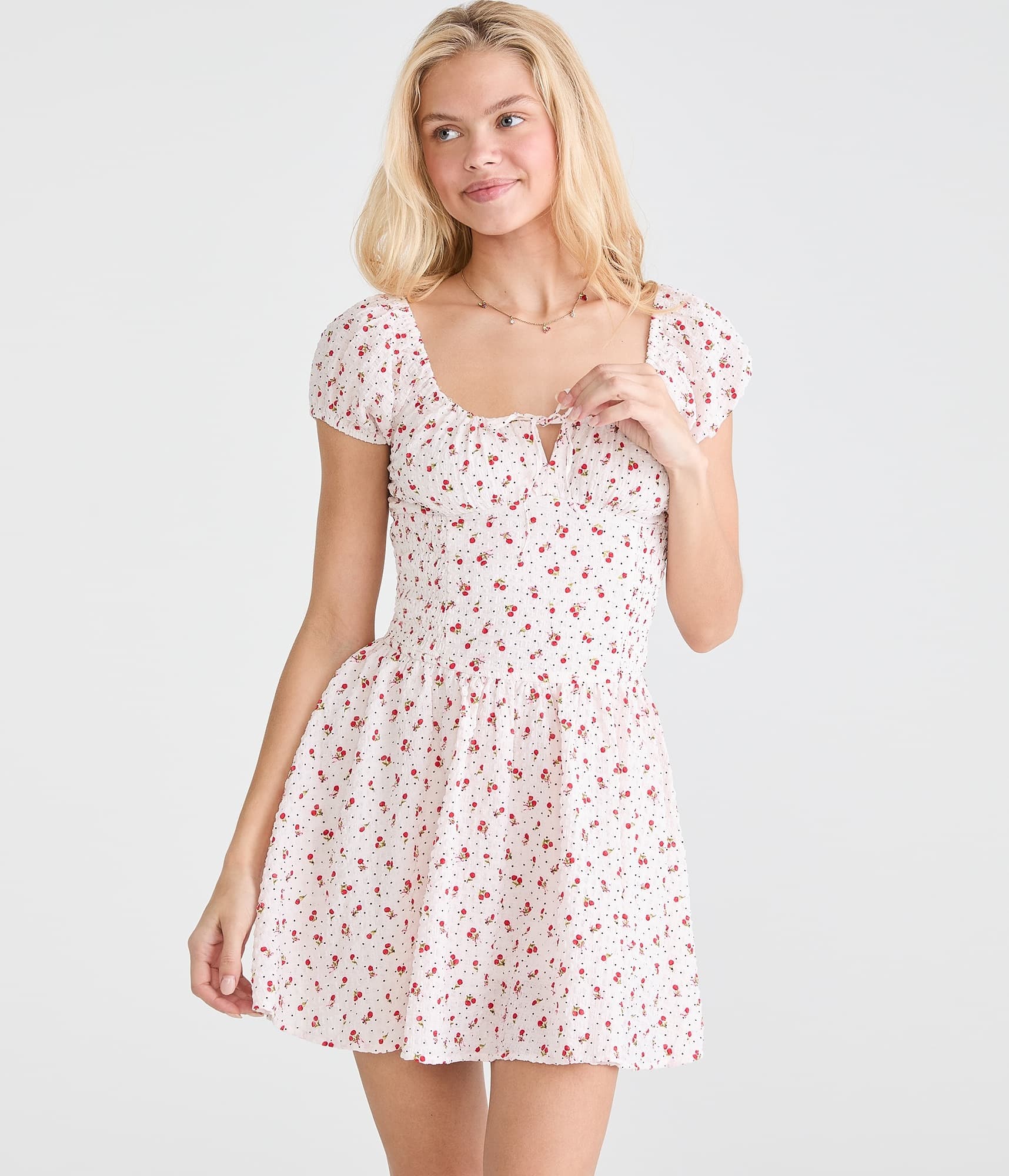 Cherry Print Square-Neck Drop-Waist Mini Dress